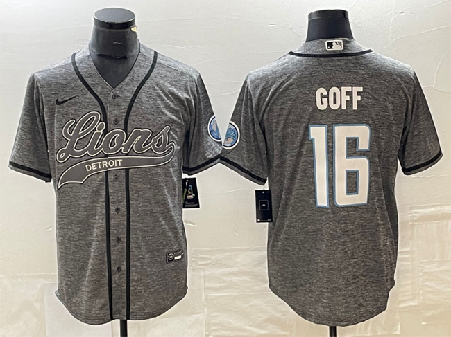 Men's Detroit Lions #16 Jared Goff Gray Cool Base Stitched Baseball Jersey